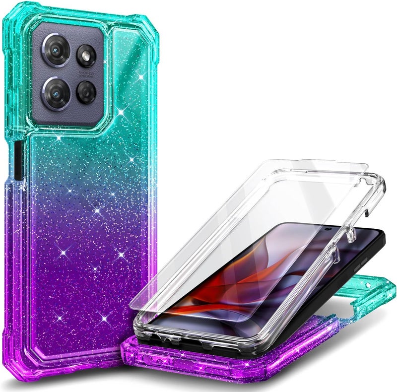 WDHD Compatible with Motorola Moto G-Power-2025 Case Glitter Aqua/Purple | Full-Body Protective Shockproof Bumper Phone Cover with Tempered Glass Screen Protector, 12FT Military Grade Drop Tested - Image 1